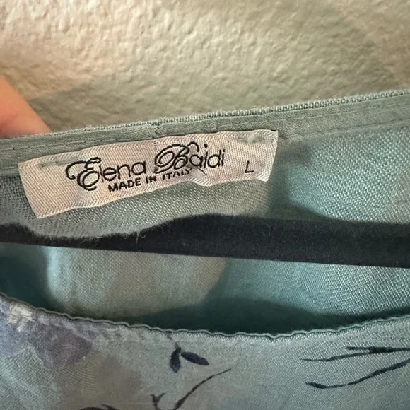 Elena Baldi Women's Size Large Blue Floral 100% Linen Short Sleeve Linen Blouse - Picture 5 of 6